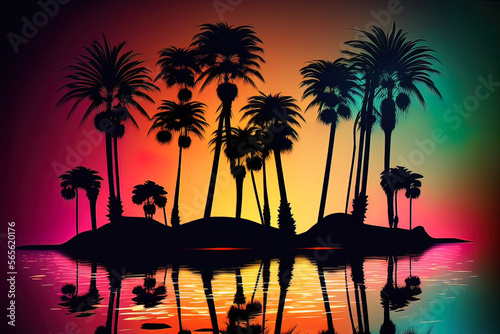 Night neon landscape with palm trees, night background, 90s, retro style, Bright multi-colored neon, seascape. AI