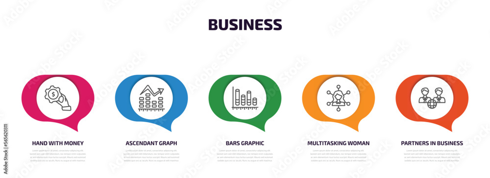 business infographic element with outline icons and 5 step or option. business icons such as hand with money gear, ascendant graph, bars graphic, multitasking woman, partners in business vector. business infographic element with outline icons and 5 step or option. business icons such as hand with money gear, ascendant graph, bars graphic, multitasking woman, partners in business vector.