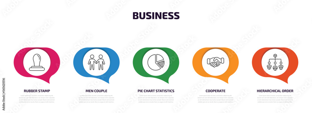 business infographic element with outline icons and 5 step or option. business icons such as rubber stamp, men couple, pie chart statistics, cooperate, hierarchical order vector. business infographic element with outline icons and 5 step or option. business icons such as rubber stamp, men couple, pie chart statistics, cooperate, hierarchical order vector.