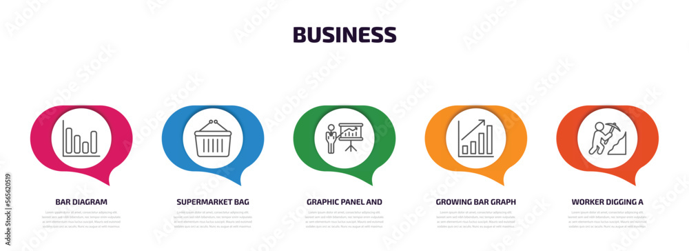 business infographic element with outline icons and 5 step or option. business icons such as bar diagram, supermarket bag, graphic panel and man, growing bar graph, worker digging a hole vector. business infographic element with outline icons and 5 step or option. business icons such as bar diagram, supermarket bag, graphic panel and man, growing bar graph, worker digging a hole vector.