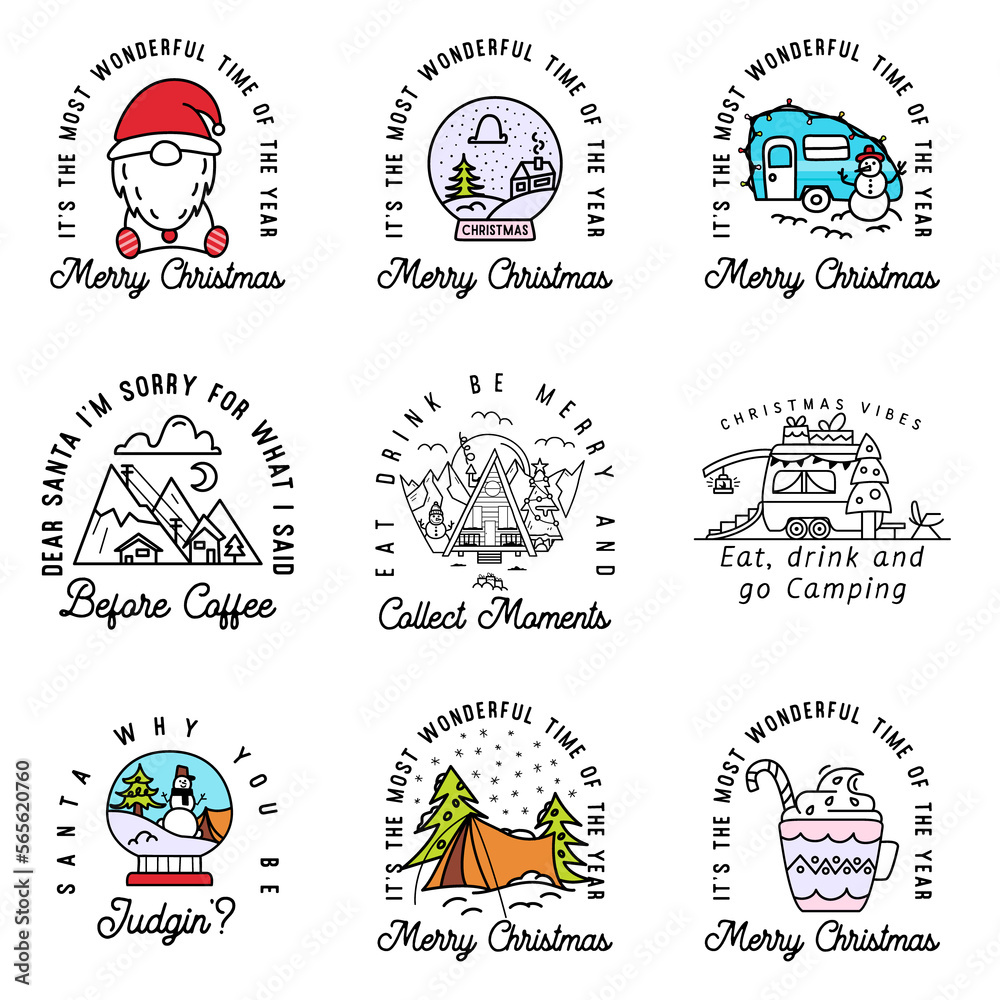 Obraz premium Camping christmas badges set in line art style. Travel adventure with winter landscape, holidays elements. Stock logo label with quotes - it is the most beautiful time of the year