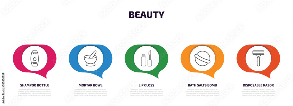 beauty infographic element with outline icons and 5 step or option. beauty icons such as shampoo bottle, mortar bowl, lip gloss, bath salts bomb, disposable razor vector. beauty infographic element with outline icons and 5 step or option. beauty icons such as shampoo bottle, mortar bowl, lip gloss, bath salts bomb, disposable razor vector.