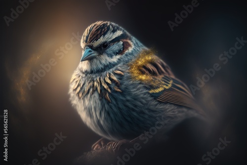  a bird with a yellow eye sitting on a branch in the dark night sky with a yellow eye on its chest and a black background.  generative ai photo