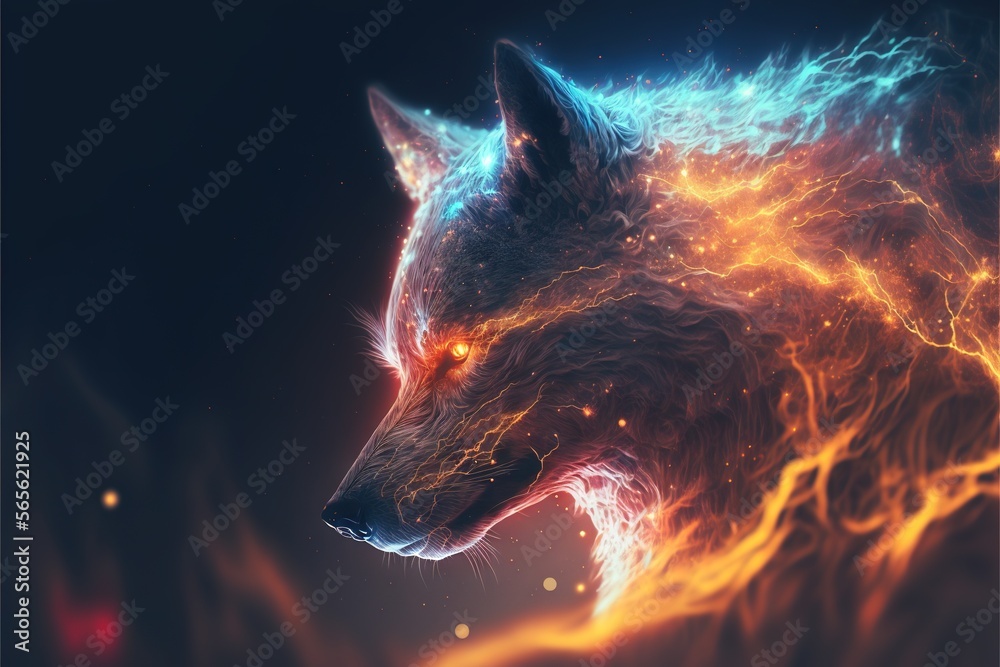 a wolf with glowing eyes and a black background with orange and blue ...
