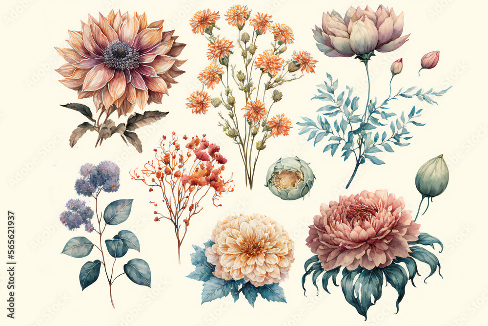 flowers-watercolor-illustration-manual-composition-vintage-style