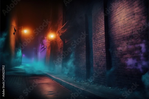  a dark alley with a street light and smoke coming out of it at night time, with a brick wall and street lights in the background.  generative ai