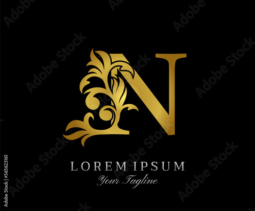 Floral Gold N Luxury Logo Icon. Classy N Letter Logo Design Vector.