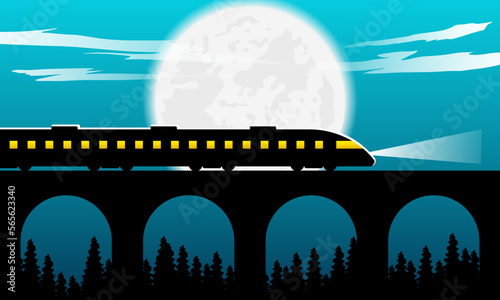 Silhouette of a Train Crossing The Bridge in Forest Valley at Night Background Illustration. Vector Landscape Illustration