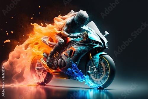  a motorcycle with a rider on it is on fire and blue flames are surrounding it and the bike is on a reflective surface with a black background.  generative ai photo