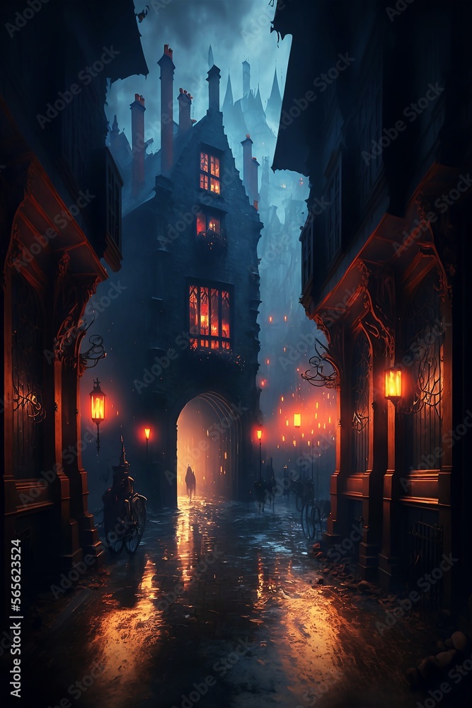 Fantasy medieval city at night digital art Fantasy medieval city at night digital art