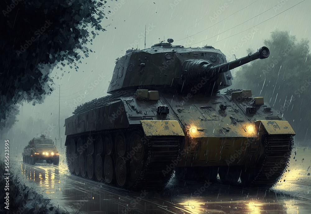 tank on a rainy road created with Generative AI technology