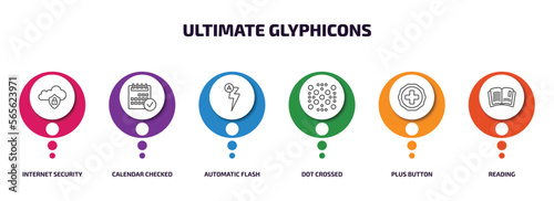 ultimate glyphicons infographic element with outline icons and 6 step or option. ultimate glyphicons icons such as internet security, calendar checked, automatic flash, dot crossed, plus button,