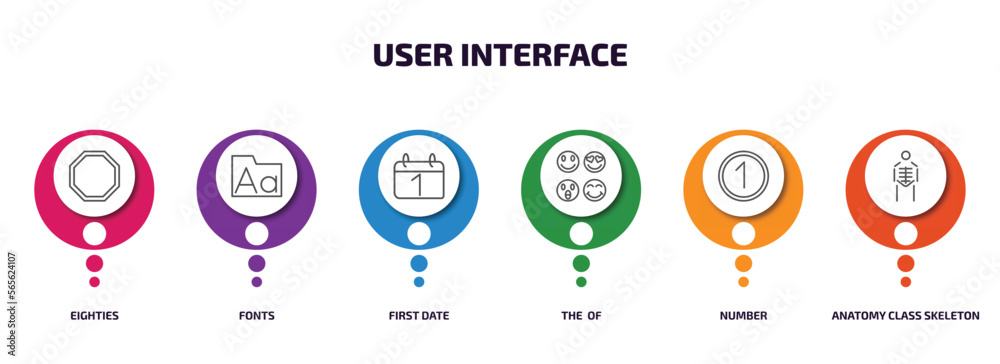 user interface infographic element with outline icons and 6 step or option. user interface icons such as eighties, fonts, first date, the of, number, anatomy class skeleton vector. user interface infographic element with outline icons and 6 step or option. user interface icons such as eighties, fonts, first date, the of, number, anatomy class skeleton vector.