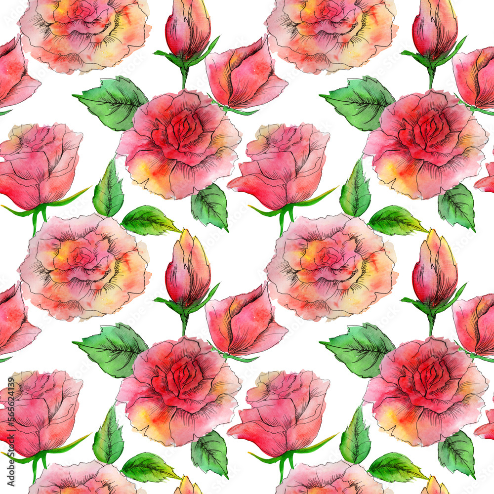 Watercolor pink roses in a seamless pattern. Can be used as fabric, wallpaper, wrap.
Watercolor pink roses in a seamless pattern. Can be used as fabric, wallpaper, wrap.