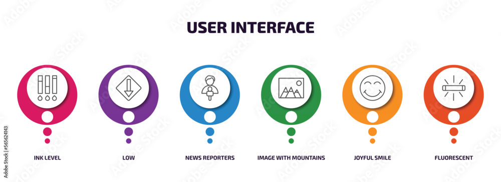 user interface infographic element with outline icons and 6 step or option. user interface icons such as ink level, low, news reporters, image with mountains, joyful smile, fluorescent vector. user interface infographic element with outline icons and 6 step or option. user interface icons such as ink level, low, news reporters, image with mountains, joyful smile, fluorescent vector.