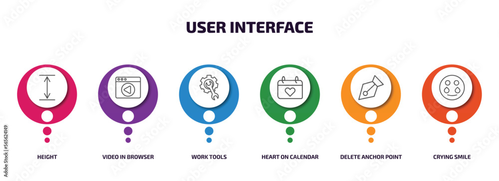 user interface infographic element with outline icons and 6 step or option. user interface icons such as height, video in browser, work tools, heart on calendar, delete anchor point, crying smile user interface infographic element with outline icons and 6 step or option. user interface icons such as height, video in browser, work tools, heart on calendar, delete anchor point, crying smile