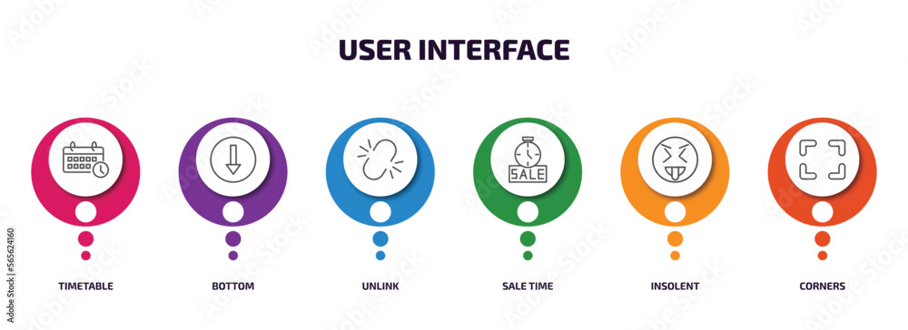 user interface infographic element with outline icons and 6 step or option. user interface icons such as timetable, bottom, unlink, sale time, insolent, corners vector. user interface infographic element with outline icons and 6 step or option. user interface icons such as timetable, bottom, unlink, sale time, insolent, corners vector.