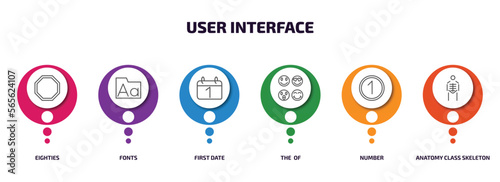 user interface infographic element with outline icons and 6 step or option. user interface icons such as eighties, fonts, first date, the of, number, anatomy class skeleton vector.