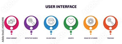 user interface infographic element with outline icons and 6 step or option. user interface icons such as image variant, detective search, in love smile, hearth, image of a flower, tracking vector.