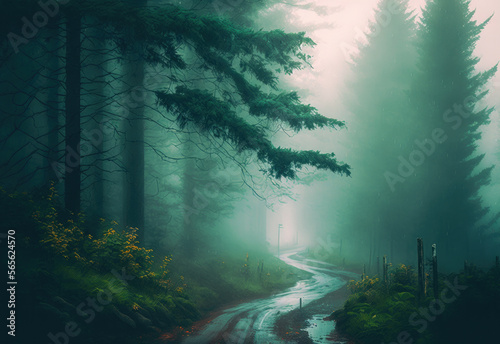 foggy forest scene in darken colors created with Generative AI technology