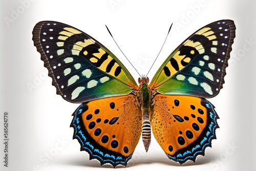 Bright multi-colored butterfly on a white background. Exotic butterfly. AI © MiaStendal