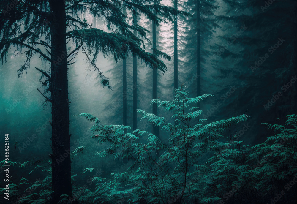 Obraz premium foggy forest scene in darken colors created with Generative AI technology