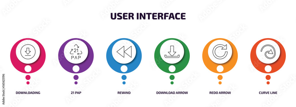 user interface infographic element with outline icons and 6 step or option. user interface icons such as downloading, 21 pap, rewind, download arrow, redo arrow, curve line vector. user interface infographic element with outline icons and 6 step or option. user interface icons such as downloading, 21 pap, rewind, download arrow, redo arrow, curve line vector.