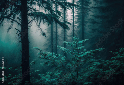 foggy forest scene in darken colors created with Generative AI technology