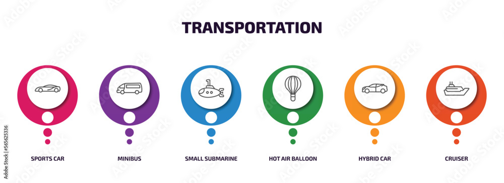 transportation infographic element with outline icons and 6 step or option. transportation icons such as sports car, minibus, small submarine, hot air balloon, hybrid car, cruiser vector. transportation infographic element with outline icons and 6 step or option. transportation icons such as sports car, minibus, small submarine, hot air balloon, hybrid car, cruiser vector.