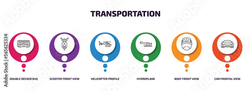 transportation infographic element with outline icons and 6 step or option. transportation icons such as double decker bus, scooter front view, helicopter profile, hydroplane, boat front view, car
