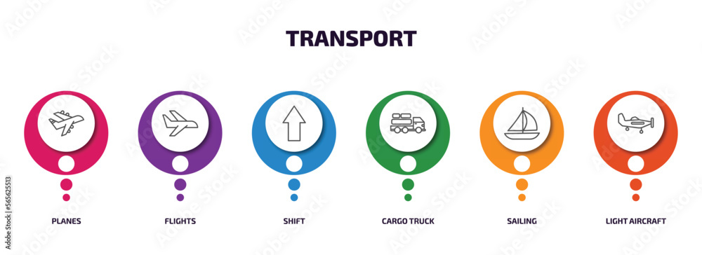 transport infographic element with outline icons and 6 step or option. transport icons such as planes, flights, shift, cargo truck, sailing, light aircraft vector. transport infographic element with outline icons and 6 step or option. transport icons such as planes, flights, shift, cargo truck, sailing, light aircraft vector.