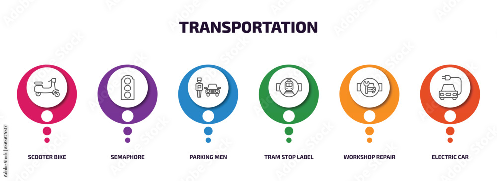 transportation infographic element with outline icons and 6 step or option. transportation icons such as scooter bike, semaphore, parking men, tram stop label, workshop repair, electric car vector. transportation infographic element with outline icons and 6 step or option. transportation icons such as scooter bike, semaphore, parking men, tram stop label, workshop repair, electric car vector.
