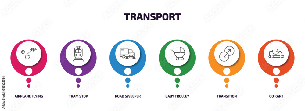 transport infographic element with outline icons and 6 step or option. transport icons such as airplane flying, tram stop, road sweeper, baby trolley, transition, go kart vector. transport infographic element with outline icons and 6 step or option. transport icons such as airplane flying, tram stop, road sweeper, baby trolley, transition, go kart vector.