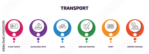 transport infographic element with outline icons and 6 step or option. transport icons such as plane tickets, sailing boat with veils, bikes, airplane pointing up, ferry, airport checking vector.