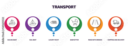 transport infographic element with outline icons and 6 step or option. transport icons such as sailing boat, sail boat, luxury yacht, babysitter, road with broken lines, shipping and delivery