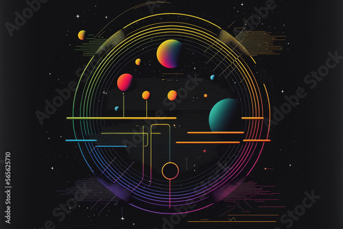 Neon rainbow vector portal to outer space with moons stars planets and dark background, generative ai