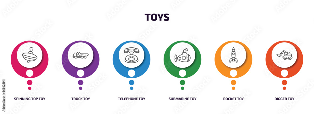 toys infographic element with outline icons and 6 step or option. toys icons such as spinning top toy, truck toy, telephone toy, submarine rocket digger vector. toys infographic element with outline icons and 6 step or option. toys icons such as spinning top toy, truck toy, telephone toy, submarine rocket digger vector.