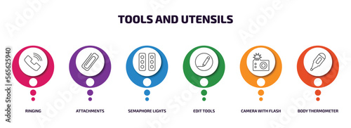 tools and utensils infographic element with outline icons and 6 step or option. tools and utensils icons such as ringing, attachments, semaphore lights, edit tools, camera with flash, body