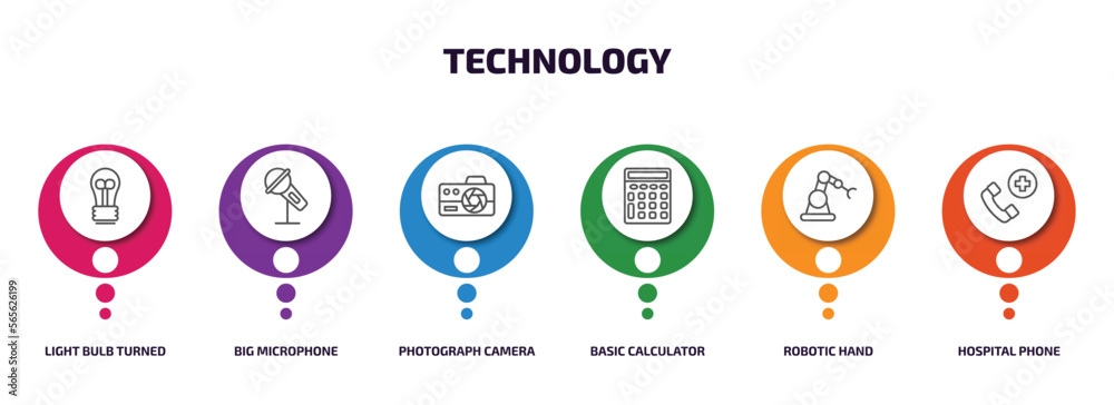 technology infographic element with outline icons and 6 step or option. technology icons such as light bulb turned off, big microphone, photograph camera, basic calculator, robotic hand, hospital technology infographic element with outline icons and 6 step or option. technology icons such as light bulb turned off, big microphone, photograph camera, basic calculator, robotic hand, hospital
