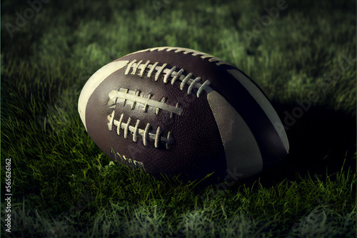 Closeup shot of an American football on grass field | Generative Ai | Photorealism | Hyper realistic | American football league | Sports illustrations | Rugby ball