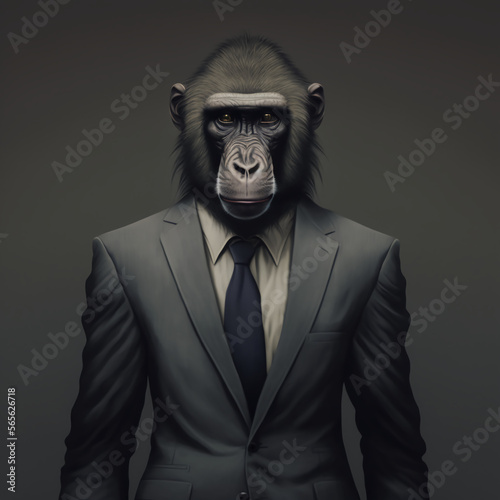 Portrait of a Baboon dressed in a formal business suit, generative ai