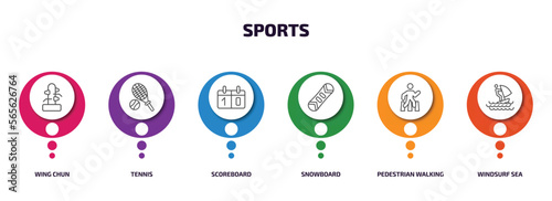 sports infographic element with outline icons and 6 step or option. sports icons such as wing chun, tennis, scoreboard, snowboard, pedestrian walking, windsurf sea vector.
