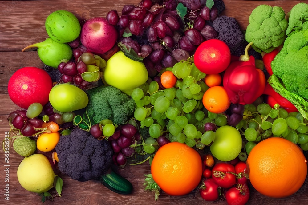 Full frame studio shot of different colorful fruits and vegetables all over the table - generative ai Full frame studio shot of different colorful fruits and vegetables all over the table - generative ai