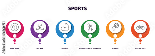 sports infographic element with outline icons and 6 step or option. sports icons such as pool ball, hockey, muscle, man playing volleyball, soccer, racing bike vector.