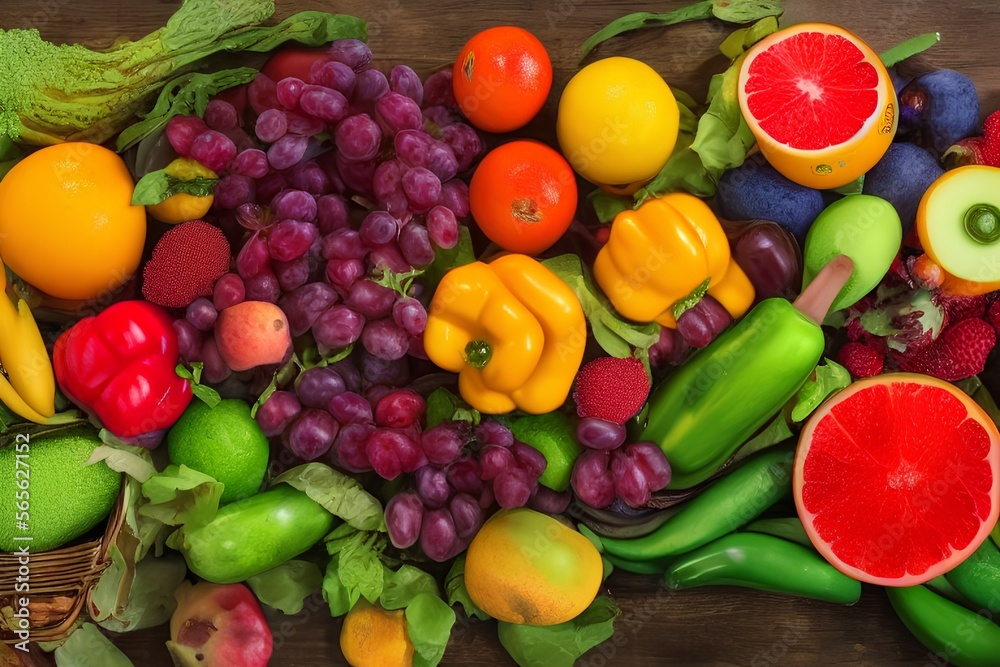 Full frame studio shot of different colorful fruits and vegetables all over the table - generative ai Full frame studio shot of different colorful fruits and vegetables all over the table - generative ai