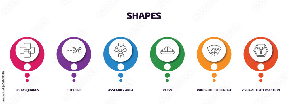 shapes infographic element with outline icons and 6 step or option. shapes icons such as four squares, cut here, assembly area, reign, windshield defrost, y shaped intersection vector. shapes infographic element with outline icons and 6 step or option. shapes icons such as four squares, cut here, assembly area, reign, windshield defrost, y shaped intersection vector.