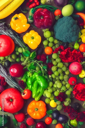 Full frame studio shot of different colorful fruits and vegetables all over the table - generative ai