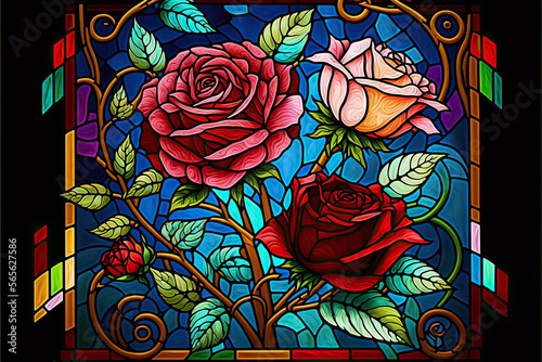 colorful stained glass roses, Generative AI
