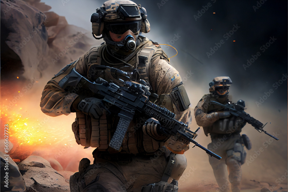 Special unit force soldiers holding riffles | United States Armed Forces | Generative Ai | Fictional soldiers in the battlefield during war | Armed forces day | May 21st