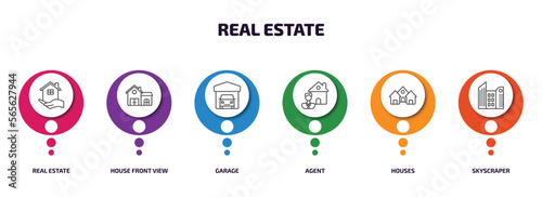 real estate infographic element with outline icons and 6 step or option. real estate icons such as real estate, house front view, garage, agent, houses, skyscraper vector.